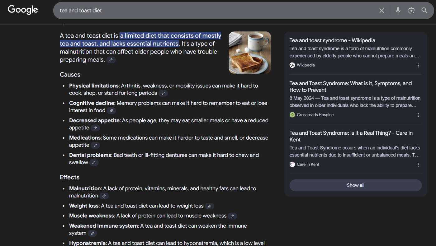ai overview for tea and toast diet 0 showing resources and  citations