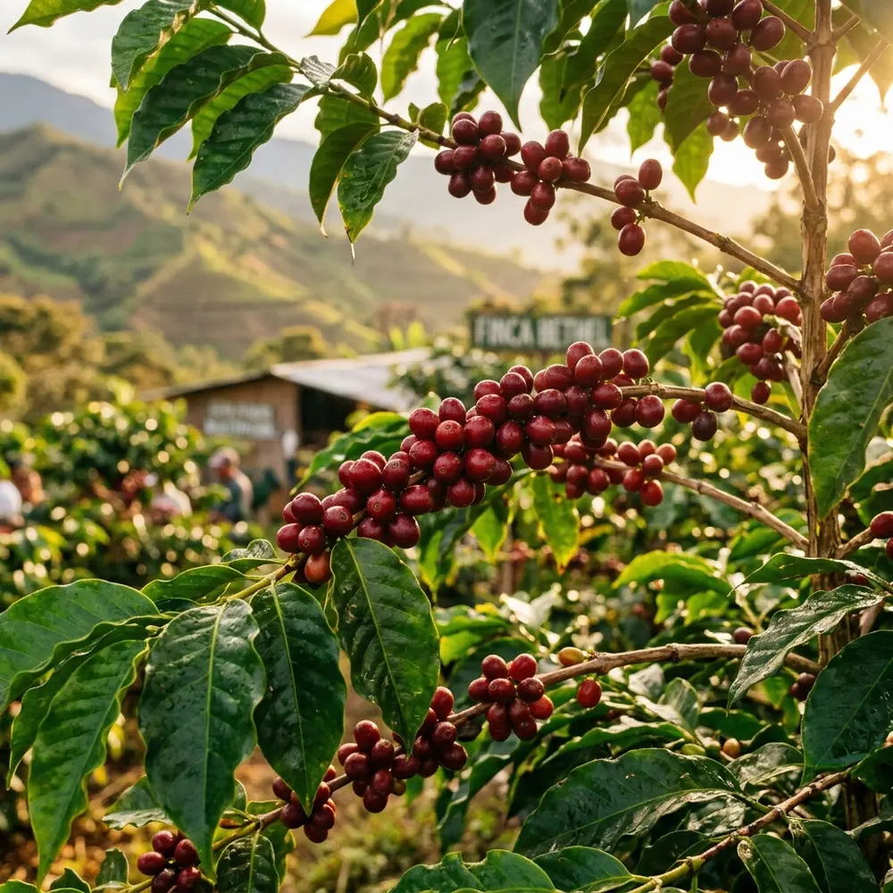 Cerezas maduras de café en Finca Bethel, La Vega, Colombia