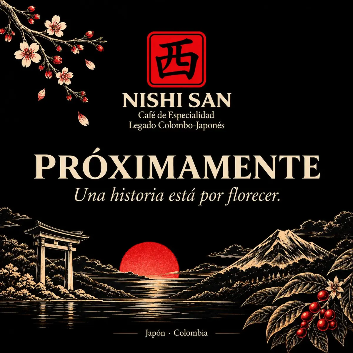 Ilustración oficial Café Nishi San: Una historia está por florecer. Japón y Colombia con ramas de café