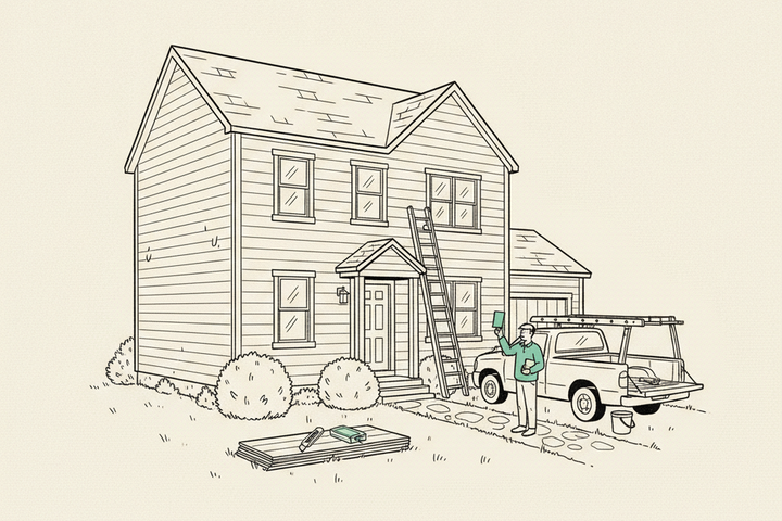 Editorial line-drawing of a two-story home with fresh lap siding, a ladder against the wall, a contractor in a teal shirt holding a paint sample card by his pickup truck, and a stack of siding panels on the lawn.