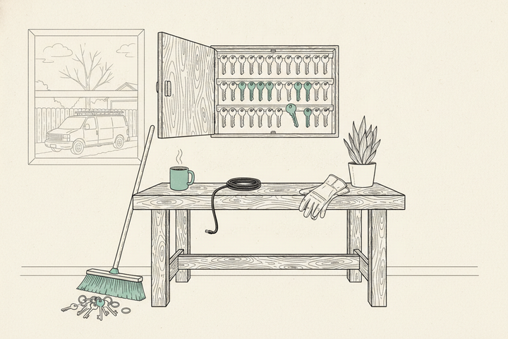 Editorial line illustration of a tradesman's back-office corner: an open wooden key cabinet above a workbench with rows of keys, one teal key hanging forward, a push broom with a teal bristle band sweeping a small pile of old tangled keys on the floor, a teal coffee mug, work gloves, a coiled extension cord, and a potted snake plant, with a work van visible through the window.