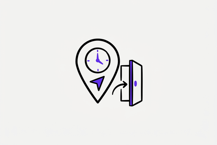 Flat purple lineart illustration of a map pin with a clock face and an open door, representing a business showing up in Google Maps open now searches