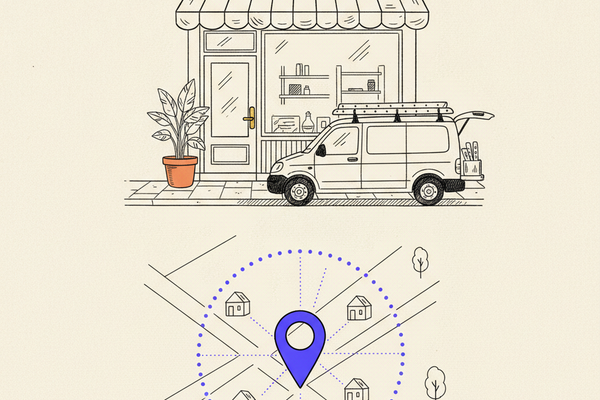Editorial illustration of a small storefront with a service van parked out front, above a hand-drawn map showing a purple location pin inside a dotted service area circle with small houses