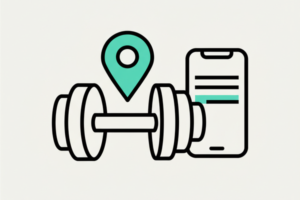 Illustration of a dumbbell with location pin and phone search