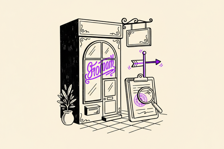 Editorial illustration of a storefront with a painted DBA name on the window contrasted with a legal filing document on a clipboard, weighed against a real-world signpost