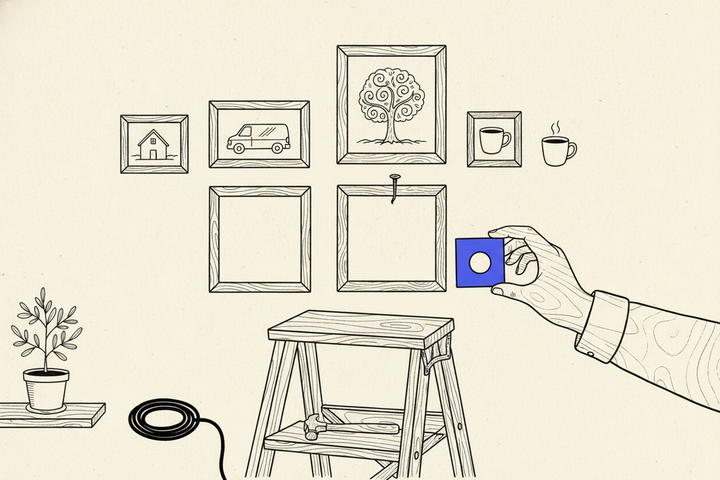 Hand-drawn gallery wall of framed sketches, a house, a work van, a tree, and a coffee mug, with a hand about to hang a vivid purple square tile into an empty frame above a wooden step ladder and hammer