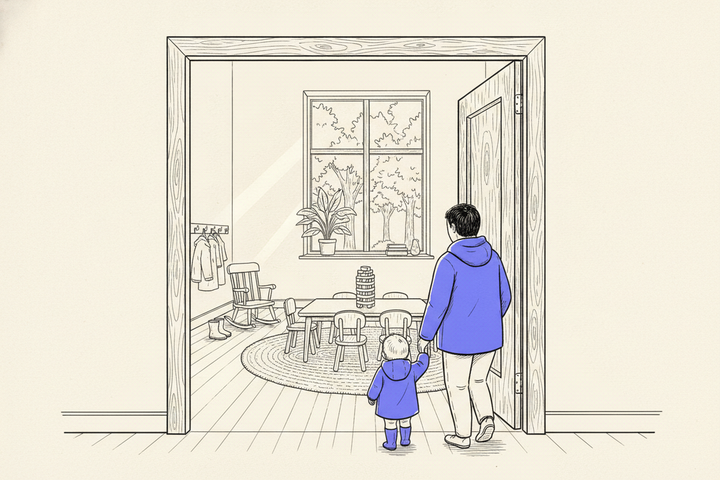 Editorial line illustration of a parent and toddler, both in vivid purple raincoats, stepping hand in hand through the open doorway of a sunlit daycare classroom with a low table and tiny chairs, a tower of wooden blocks, a rocking chair, coat hooks, small rain boots, and a tall window onto leafy trees.