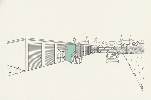 Hand-drawn self-storage facility with a long row of roll-up doors, one open unit with a mint-teal door panel holding an armchair and boxes, a person wheeling a dresser on a hand truck, a hatchback with its hatch open, and a mint-teal map pin floating above the unit