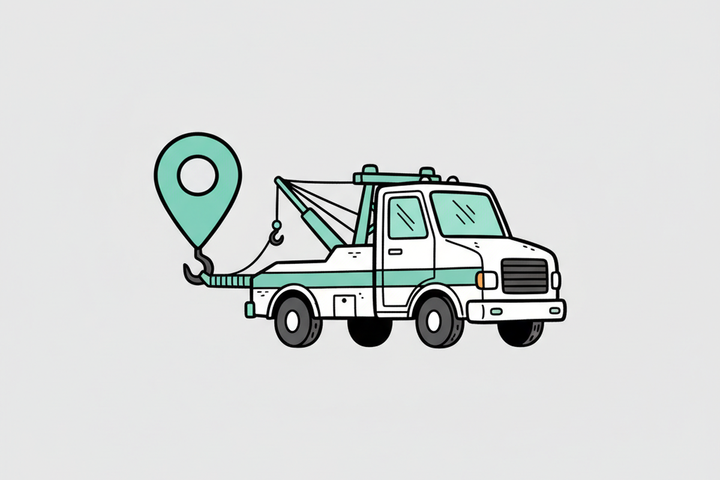 Flat illustration of a tow truck with a Google Maps location pin on a light grey background