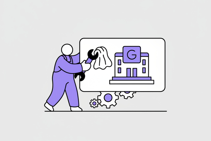 Flat illustration of a small figure maintaining a large business profile card with tools, representing ongoing Google Business Profile management