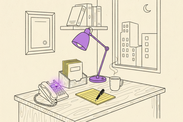 Editorial line illustration of a late-night attorney office desk with a ringing telephone, a yellow legal pad, a fountain pen, a coffee mug with steam, a desk lamp with a purple shade, a framed empty diploma, a bookshelf, and a window showing a city skyline under a crescent moon.