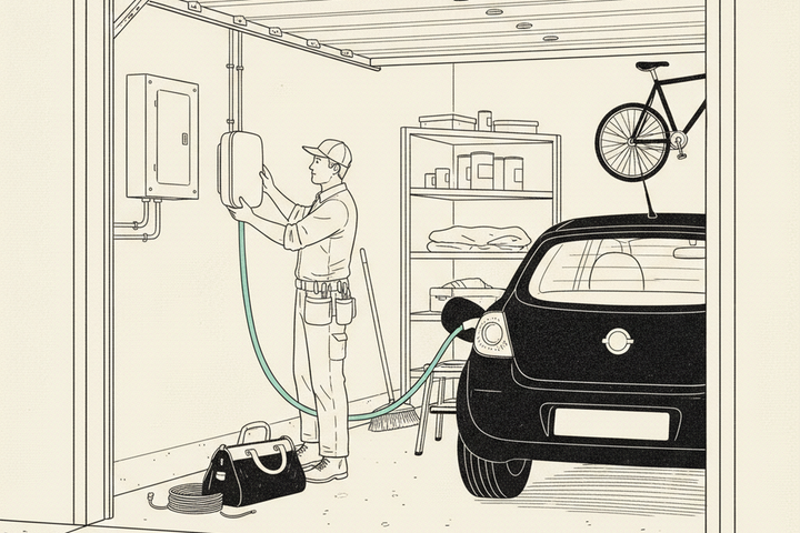 Editorial line illustration of a home garage during an EV charger installation: an electrician in a cap and tool belt holding a blank wall-mounted charging unit against the wall, a mint-teal charging cable looping down from it, conduit running to a closed electrical panel, a hatchback parked half inside with its charge port open, a tool bag, wire coil and broom on the floor, and a bicycle hanging overhead, on cream paper.