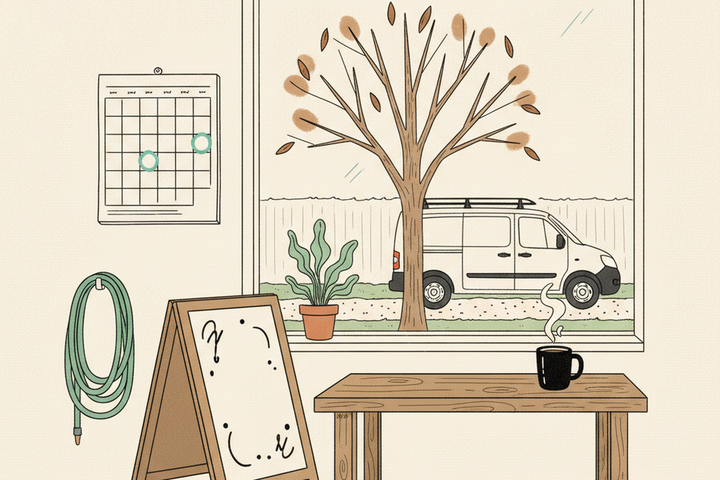 Editorial illustration of a service business workshop mid-season, featuring a blank sandwich board, a bare-branched tree, a service van outside the window, a wall calendar with teal-circled empty dates, and a coiled garden hose