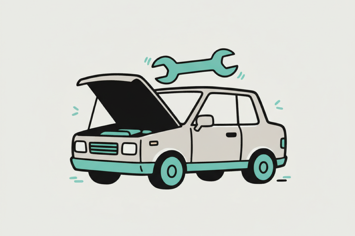 Flat illustration of a car with hood up and wrench icon representing auto repair services