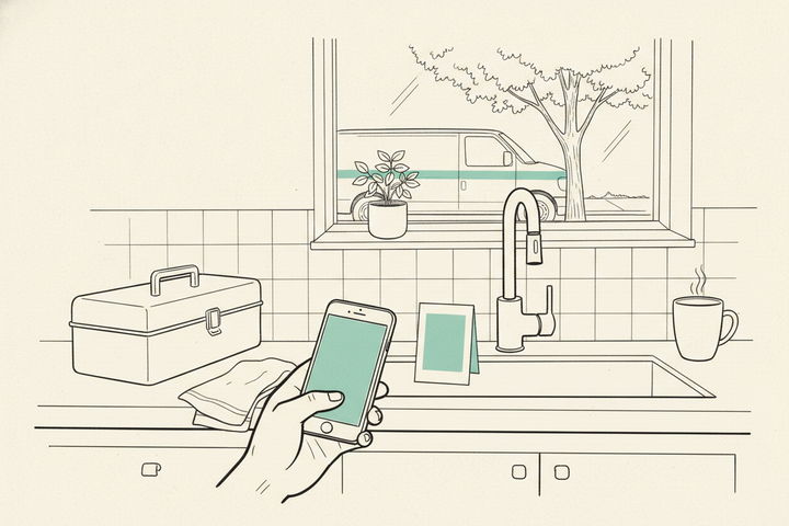 Editorial line illustration of a kitchen counter just after a plumbing repair: a hand holding a phone with a teal screen toward a small tent card printed with a solid teal square, a new faucet over the sink, a closed toolbox, a folded dish towel, a steaming coffee mug, a potted plant on the windowsill, and through the window a service van with a teal stripe parked under a leafy tree.