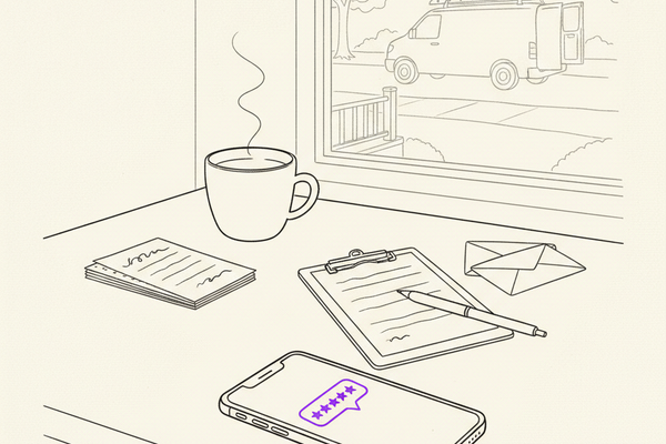 Editorial illustration of a home service desk with a smartphone showing a purple review notification, coffee mug, clipboard, and a service van outside the window