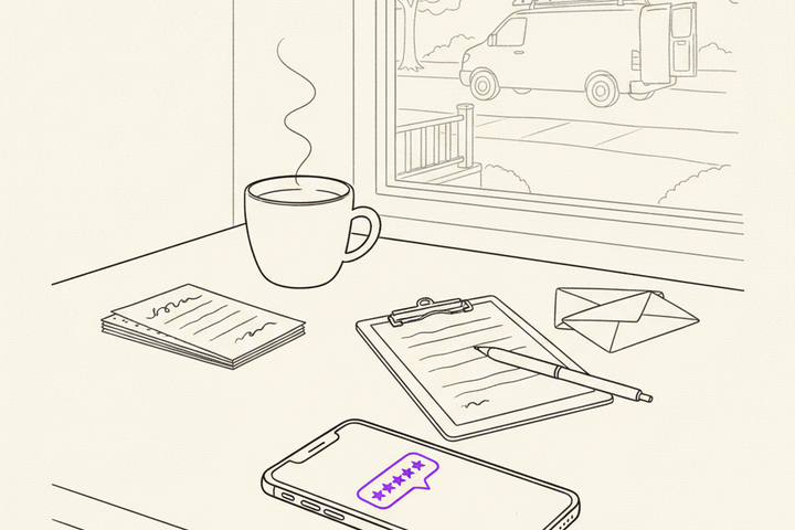 Editorial illustration of a home service desk with a smartphone showing a purple review notification, coffee mug, clipboard, and a service van outside the window