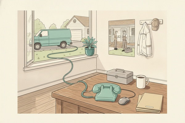 Editorial line illustration of a service company's back office: a teal corded telephone on a wooden desk whose long coiled teal cord runs across the floor and out an open window to a teal service van parked in a driveway, with a mouse, a coffee mug, a grey metal cash box, and a stack of closed manila folders on the desk, a teal potted plant on the windowsill, a framed picture of a technician with a toolbox handing an envelope to a homeowner on a porch, and a work jacket and cap on a wall hook.