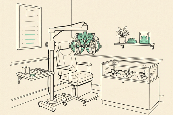 Editorial line-drawing of an optometry exam room with a phoropter and exam chair, a blank eye chart on the wall, a small tray of trial lenses, and a glass display case with eyeglass frames.