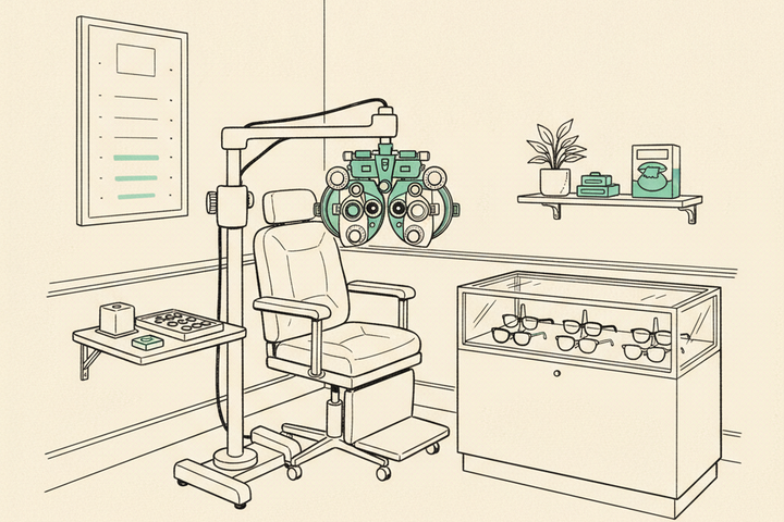 Editorial line-drawing of an optometry exam room with a phoropter and exam chair, a blank eye chart on the wall, a small tray of trial lenses, and a glass display case with eyeglass frames.