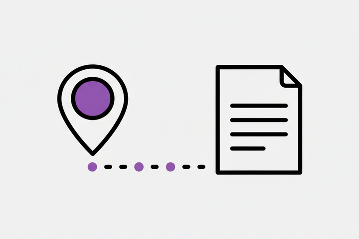 Flat illustration of a location pin and document page connected by dotted lines, representing the relationship between location pages and service pages in local SEO