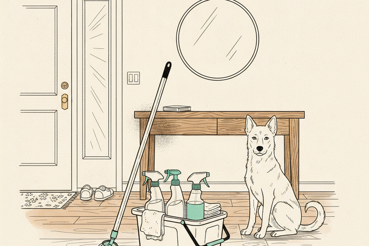 Editorial line-drawing of a home entryway with a cleaning caddy, mop, spray bottles, a wooden console table half-dusty and half-polished, and a friendly dog watching.