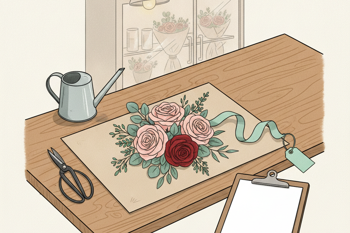 Editorial illustration of a florist's workbench with a partially arranged bouquet, shears, watering can, and a blank clipboard, with a florist cooler in the background
