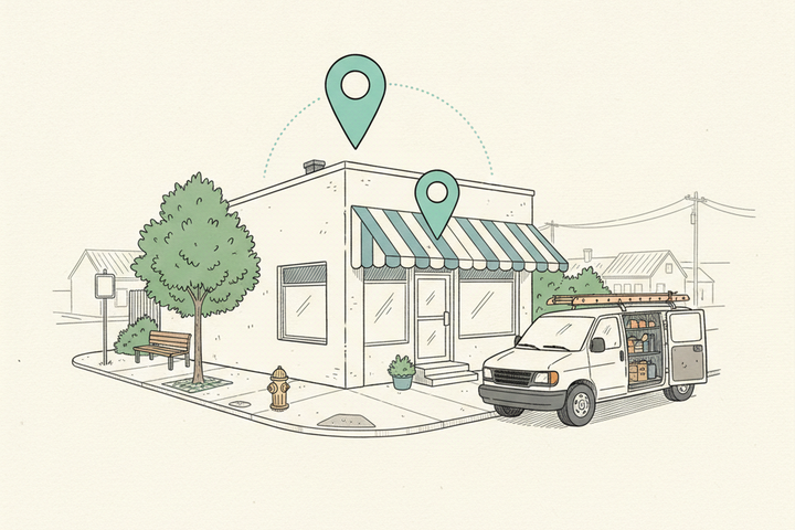 Editorial line illustration of a corner service shop with a service van at the curb and two map markers above it, one floating off over the roof and a teal one sitting directly over the front door.