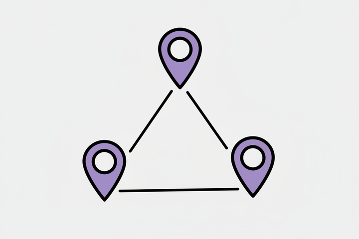 Three location pins on a map connected by lines, representing multi-location local SEO