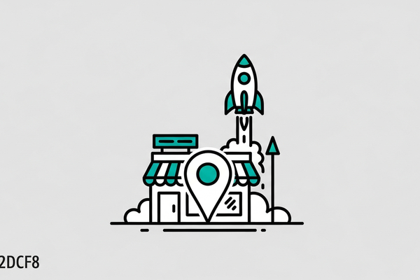 New storefront with a map pin and upward rocket representing a new business launching local SEO