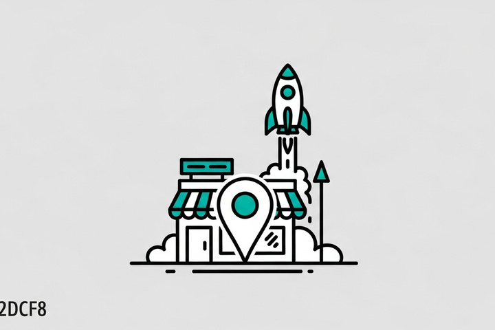 New storefront with a map pin and upward rocket representing a new business launching local SEO