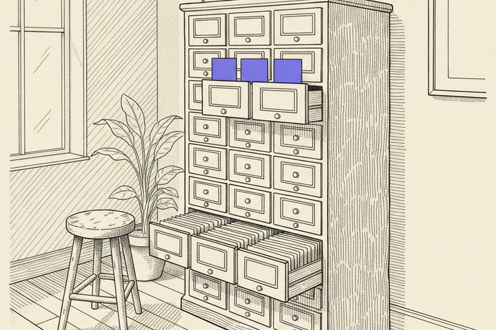Editorial line illustration of a wooden library card catalog cabinet: near the top, one drawer is cracked open with exactly three blank purple index cards standing proud above its rim, while below it a second drawer is pulled fully out revealing a long dense row of plain blank cards, with a wooden stool, a broad-leafed potted plant, a divided window and plank floorboards around it, on cream paper.