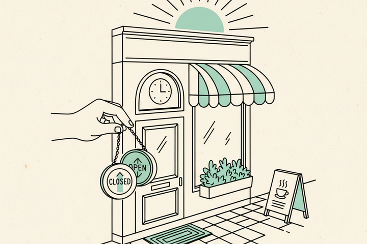 Editorial illustration of a small storefront with an OPEN/CLOSED door sign being flipped to OPEN, with a clock on the wall and a sun rising over the roofline