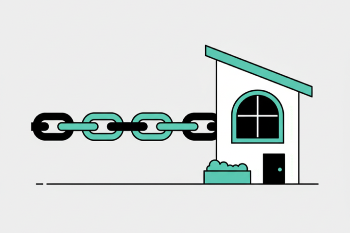 Flat illustration of chain links connecting to a local storefront building with teal accent color