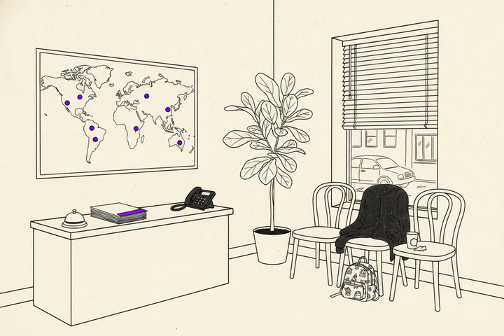 Editorial line illustration of an immigration law office waiting room: a reception desk with a brass bell, a desk phone, and a stack of intake folders with one purple tab, an unlabeled world map on the wall dotted with purple pushpins, bentwood chairs with a coat draped over one and a child's backpack on the floor, a potted fig, and a window with blinds showing a parked car on the street.