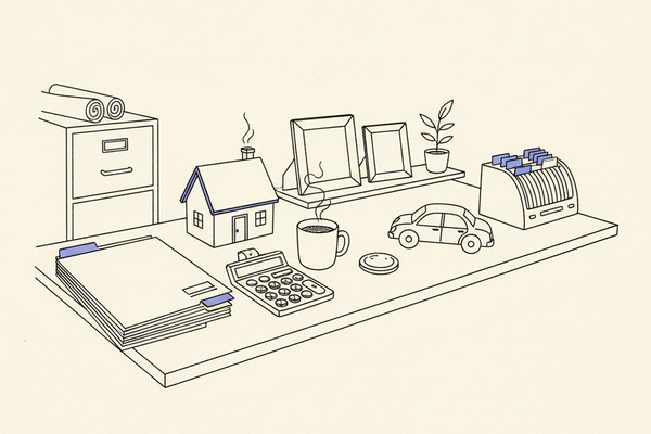 Editorial line illustration of an insurance agent's desk with stacked manila folders, a printed calculator, a coffee mug, a small model house, a model sedan, a rolodex, two empty picture frames on a shelf, and a filing cabinet, with purple accents on folder tabs and the calculator paper tape.