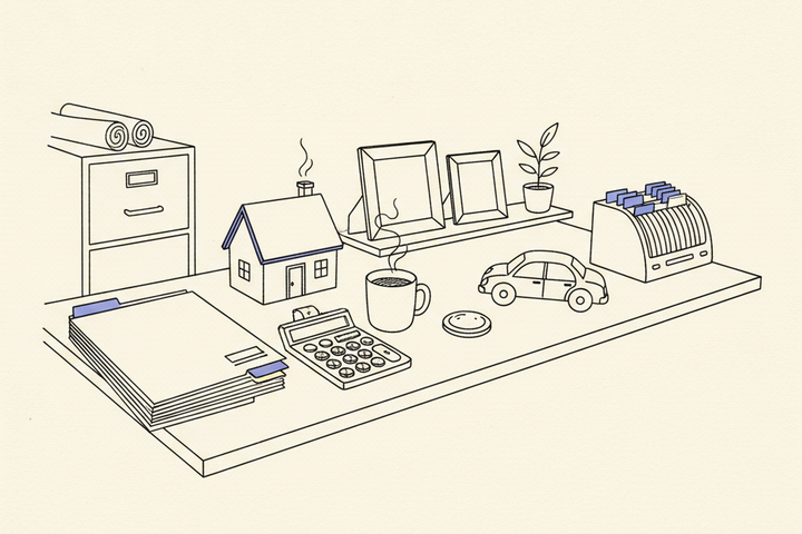 Editorial line illustration of an insurance agent's desk with stacked manila folders, a printed calculator, a coffee mug, a small model house, a model sedan, a rolodex, two empty picture frames on a shelf, and a filing cabinet, with purple accents on folder tabs and the calculator paper tape.