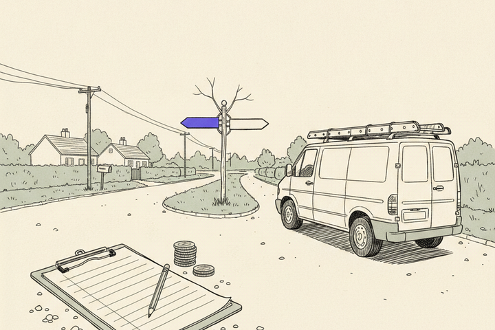 Editorial line illustration of a work van stopped at a fork in a suburban road, a blank fingerpost with one purple arrow, and an oversized clipboard with coins in the foreground.