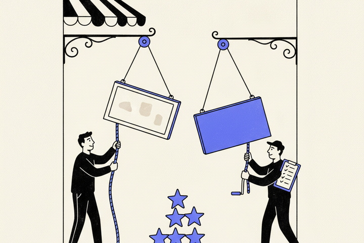 Editorial illustration of a storefront sign being carefully swapped on a hand-cranked pulley, with movers protecting a stack of stars and a piano-style trust signal beneath
