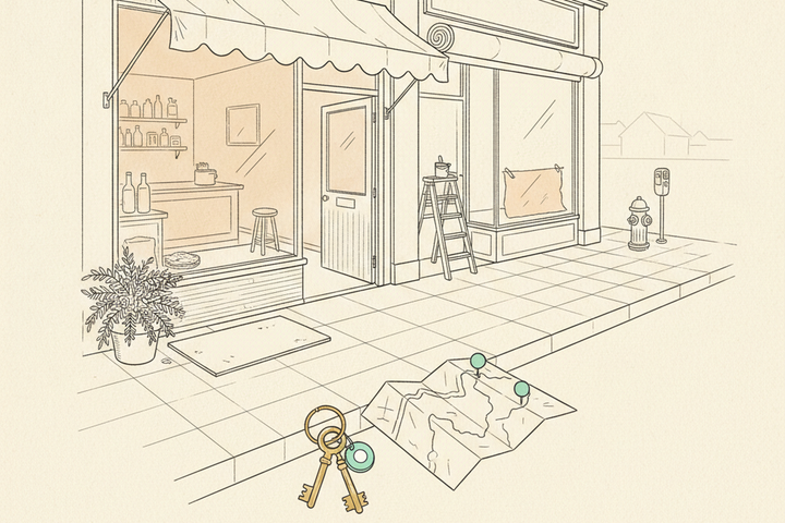 Hand-drawn illustration of two neighbouring shopfronts, one open with its awning out and one being fitted out with a ladder and paper-covered window, with a ring of keys and a folded street map marked with two teal pins on the pavement