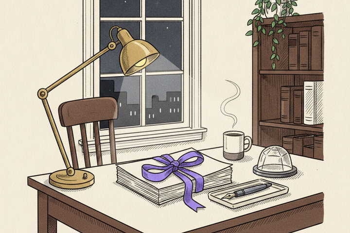 Editorial line illustration of a quiet law office desk at night: a stack of legal documents tied with a purple ribbon, a fountain pen on a tray, a glass paperweight, a steaming mug, a brass desk lamp arcing overhead, a divided-pane window showing a night city skyline, and a wooden bookshelf with bound volumes and a trailing plant, on cream paper.