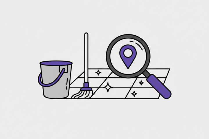 Illustration of clean floor tiles with mop and search icon