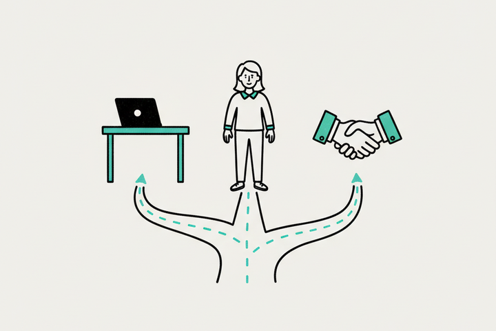 Flat illustration of a fork in the road with a laptop on one path and a handshake on the other, representing the DIY vs agency local SEO decision