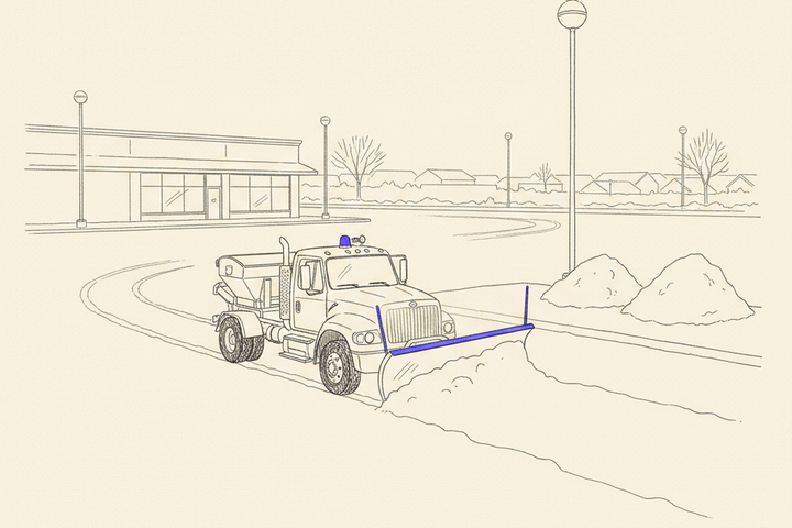 Editorial line-drawing of a commercial snow plow truck at dawn in a parking lot, with cleared tire tracks and stacked snow piles at the curb.