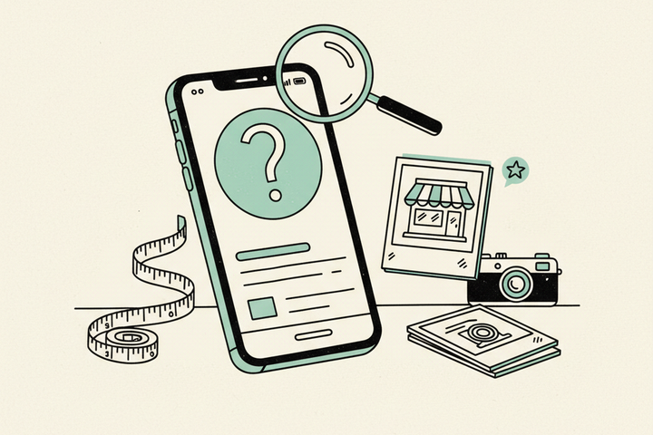 Editorial illustration of a phone displaying a Google Business Profile listing where the cover photo slot shows a question mark, surrounded by stacked photo frames and a camera