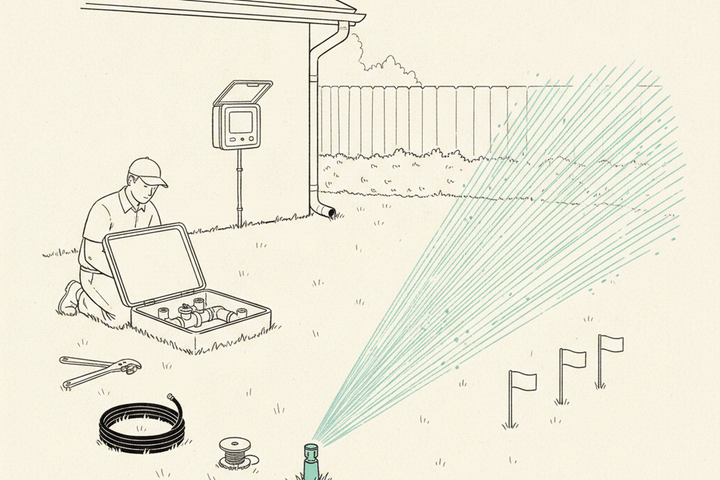 Editorial line illustration of a spring sprinkler startup in a back lawn: a pop-up head throwing a wide mint-teal fan of spray, a technician in a cap kneeling at an open valve box in the turf, pliers, a coil of poly tubing and a wire spool in the grass, marker flags on stakes, and a wall-mounted controller with its blank cover open on the house wall, on cream paper.