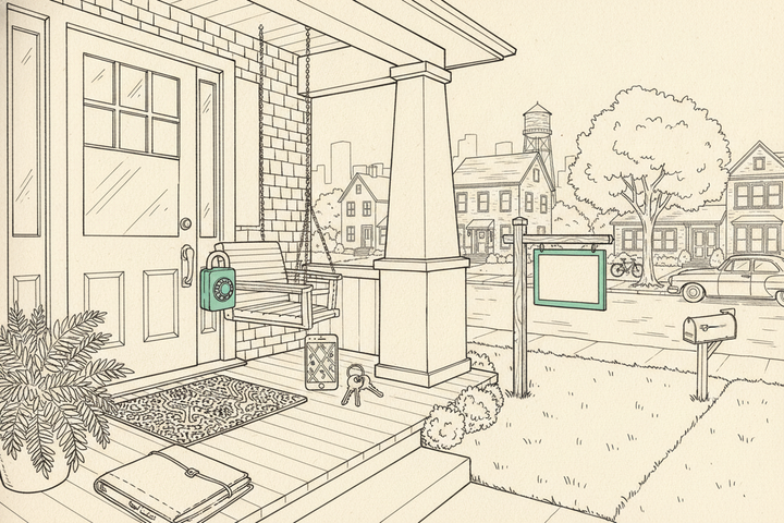 Editorial line illustration of a craftsman bungalow porch on a tree-lined street: tapered columns, a porch swing, a doormat, a potted fern, a front door with a teal lockbox on the handle, an agent's folio, a keyring, and a phone showing a map pin on the top step, a blank yard sign on a teal post, a mailbox, a parked sedan, neighboring houses, and a water tower on the skyline.