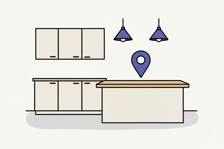 Illustration of a modern kitchen with a Google Maps pin above it, representing local SEO for kitchen remodelers.