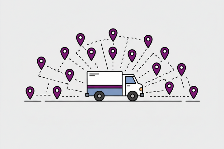 Illustration of a service van with map pins extending outward into nearby cities, representing how service-area businesses rank in nearby markets without a public address.