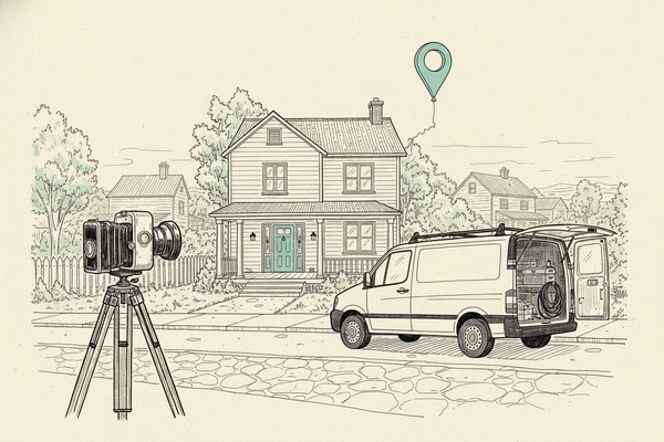 Hand-drawn illustration of a camera on a tripod aimed at a house on a quiet street, a plain work van parked at the curb, and a soft teal location pin floating away like a loose balloon, with a teal front door as the only other accent.